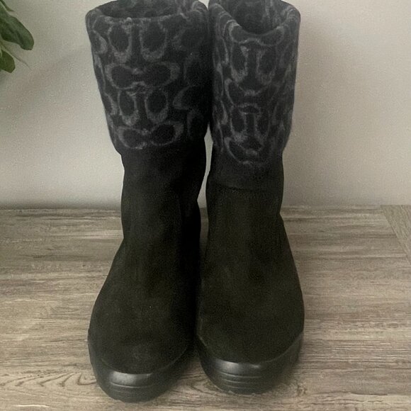 Coach Tatum Black Leather Wool Mid-Calf Boots Women’s 9M | Signature Logo Winter - Picture 7 of 10